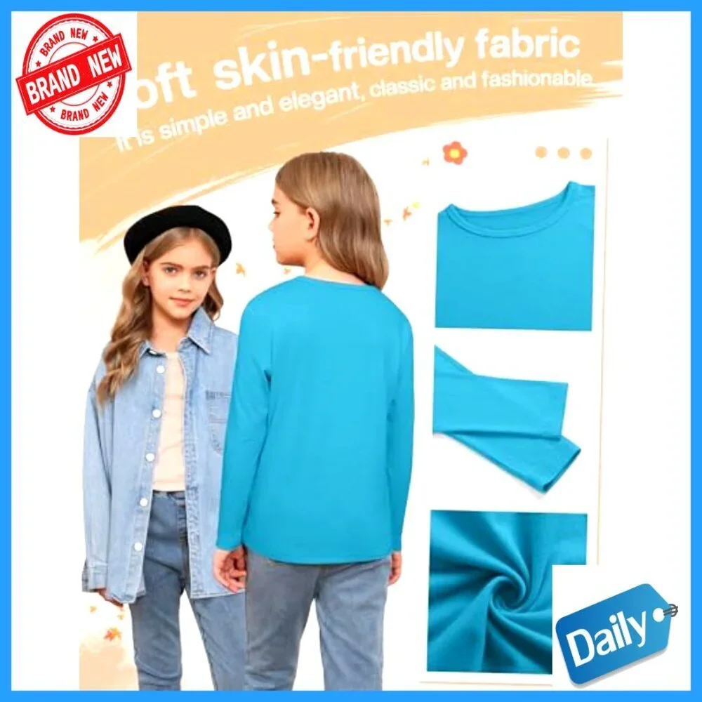5 Pack Girls Long Sleeve Crewneck Tees Soft Athletic Layering Tops